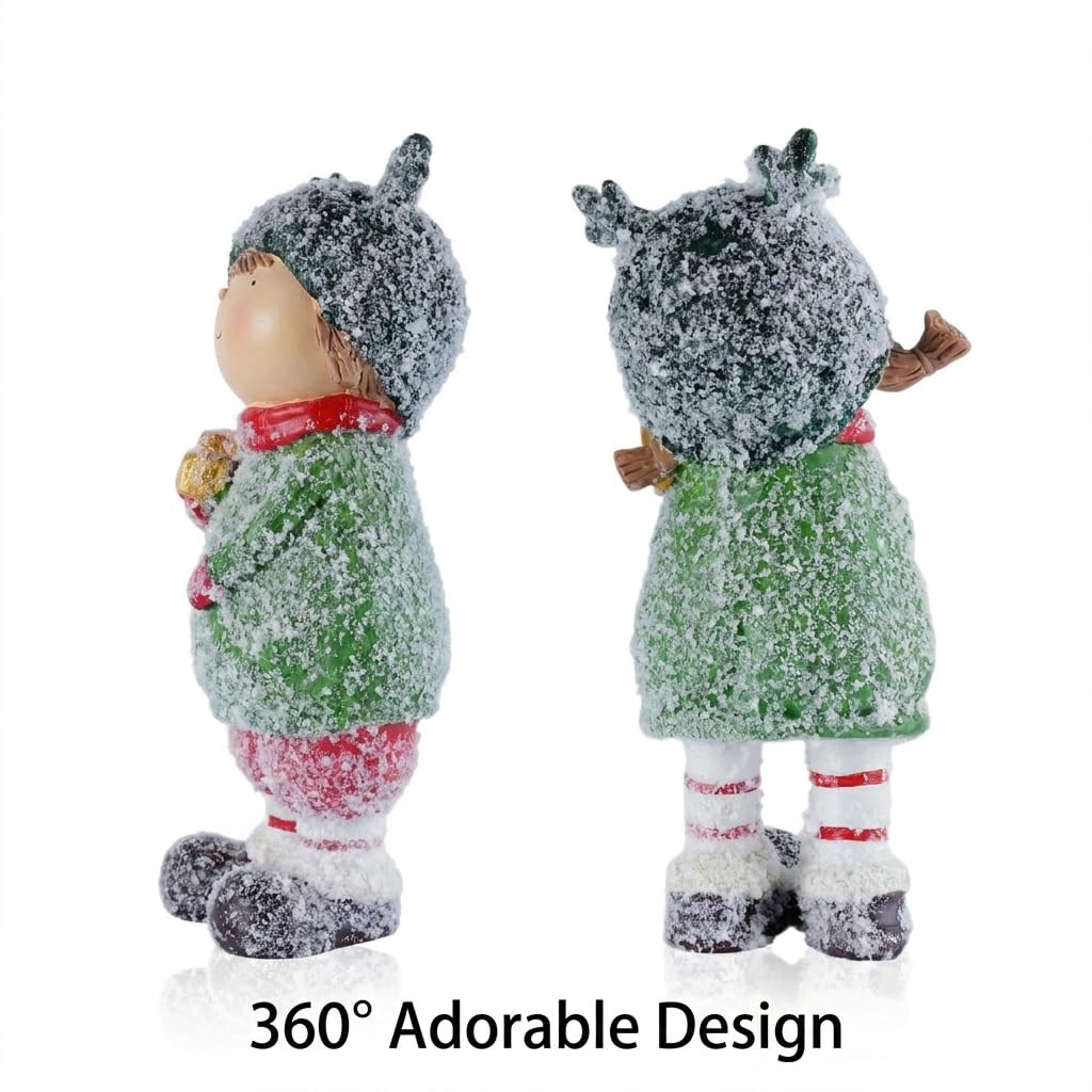 Brizoria Charming Winter Figurines Set of 2 Christmas Boy and Girl Statues Cute Kids Resin Holiday Figurines Winter Decorations Indoor for Home Mantel and Shelf Decor, 9"