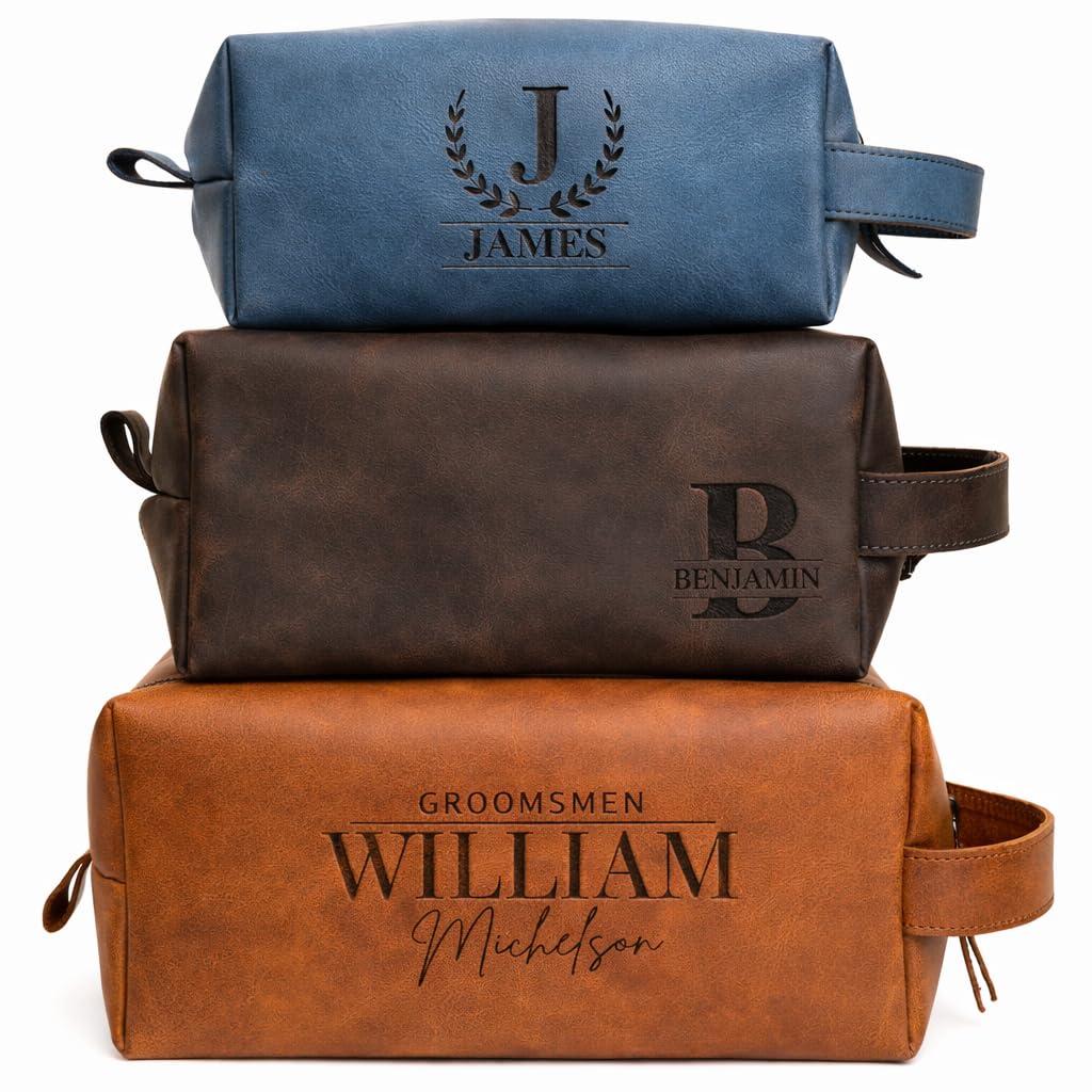 GiftShopie Personalized Handmade Genuine Leather Toiletry Bag | Custom Engraved Shaving Dopp Kit with Name, Initial | Travel Pouch for Men, Him, Husband, Dad, Boyfriend | Gift Idea for Groomsmen