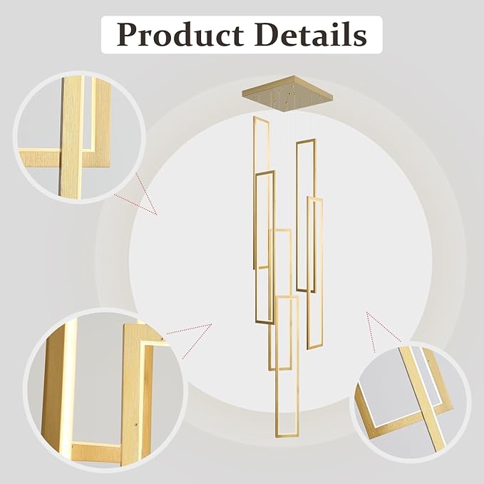 Flashing God Large Modern Chandeliers,Gold Chandelier with 6 Ring Led Foyer Chandeliers,High Ceiling Chandelier for Living Room,Rectangle Pendant Lights for Entryway Staircase LED Dimming 2700k-6001k