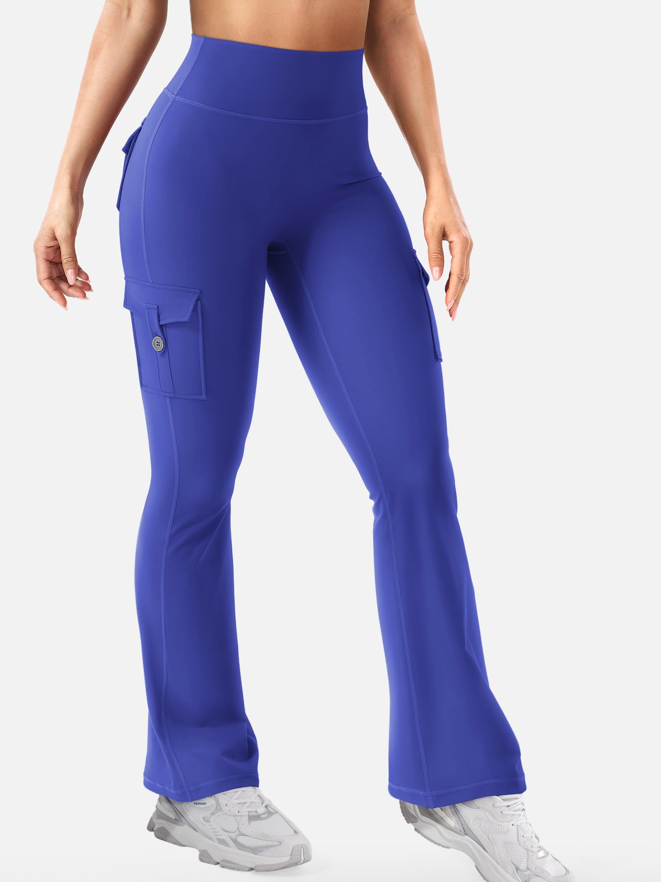 YEOREO CoreFlex Women Workout Flare Leggings with Pockets Scrunch Cargo Gym Yoga Leggings 28" Inseam Dazzling Blue S