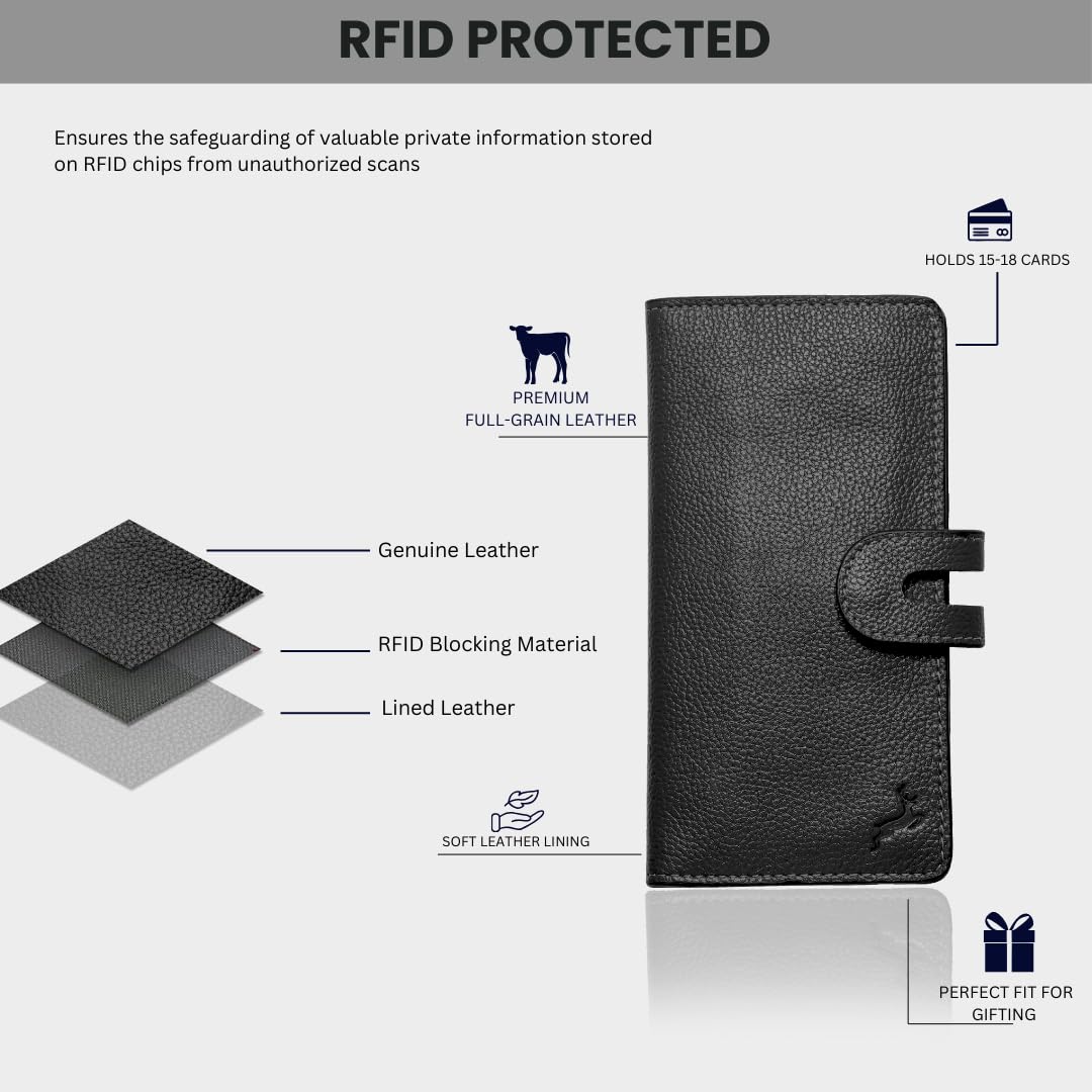 DEERHANDMADE womens wallet (Holds 15-18 Cards, 4 Flat Pockets, 1 ID Windows) Genuine Leather clutch purses for women | Slim long wallets for women | rfid blocking wallet (black wallet)