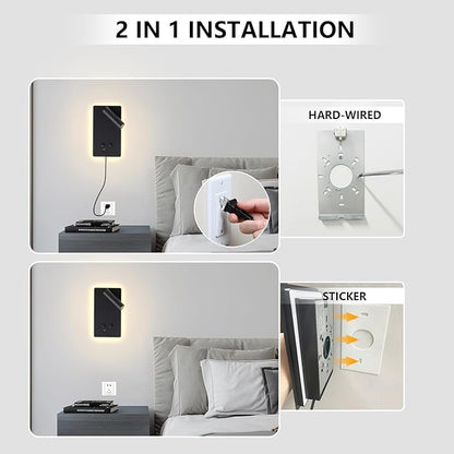 LED Reading Light Wall Mounted Lamp with 3 Brightness Dimmable & USB C+A Ports, Black Bedside Wall Lamps for Bedroom, Wall Sconce with Switch, Bed Lights for Headboard, Hotel, Bunk Bed, Dorm