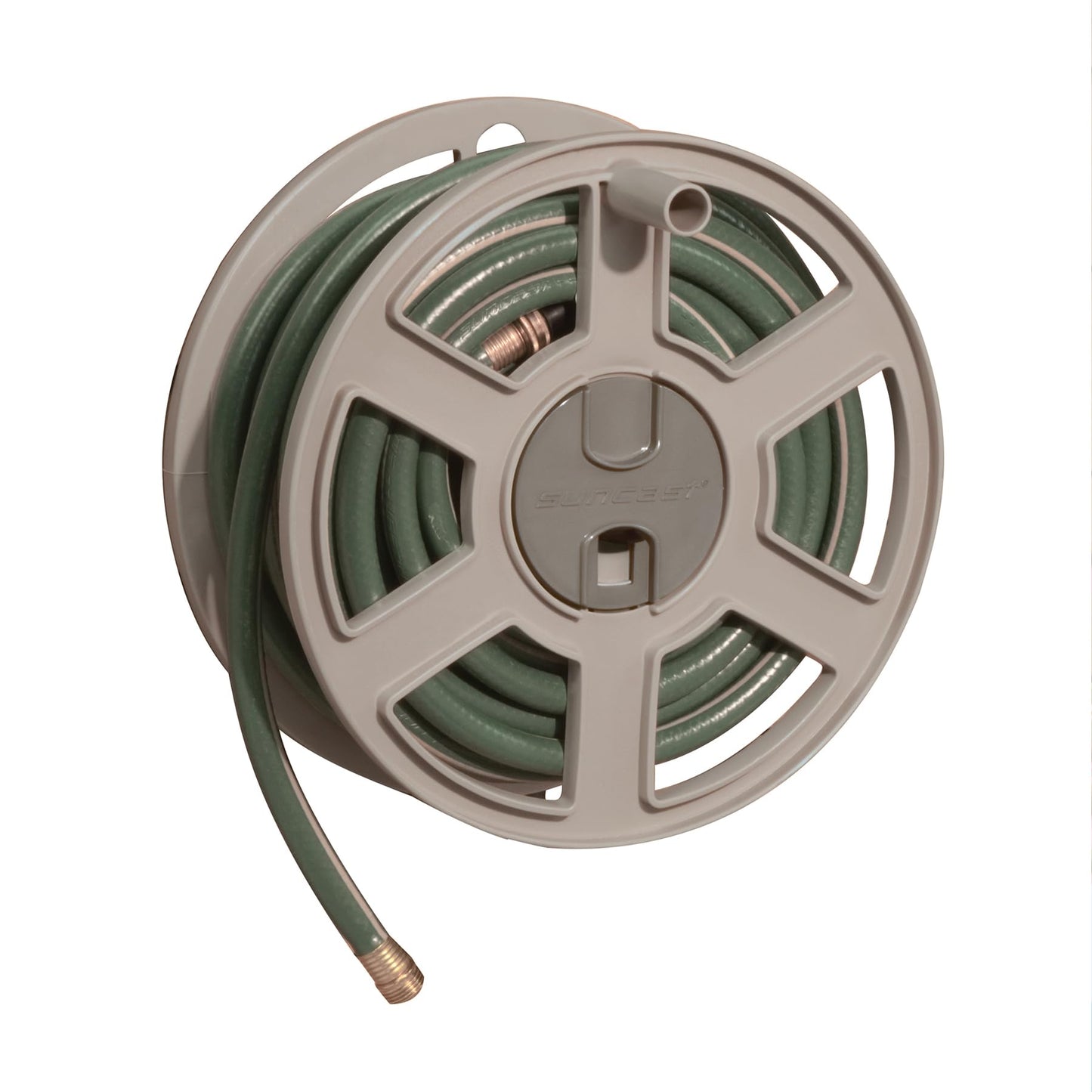 Suncast 100 Ft. Wall Mount Hose Reel Side Winder for Yard, Garden, Space-Saving Design, Easy Hose Storage, Fully Assembled, Taupe (Open Box), Made in the USA