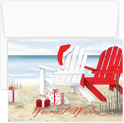 Masterpiece Beach Chairs Cards / 16 Warmest Wishes Coastal Holiday Card Set With Red Foil And White Envelopes / 5 5/8" x 7 7/8" Tropical Vacation Greeting Cards With Meaningful Inside Verse