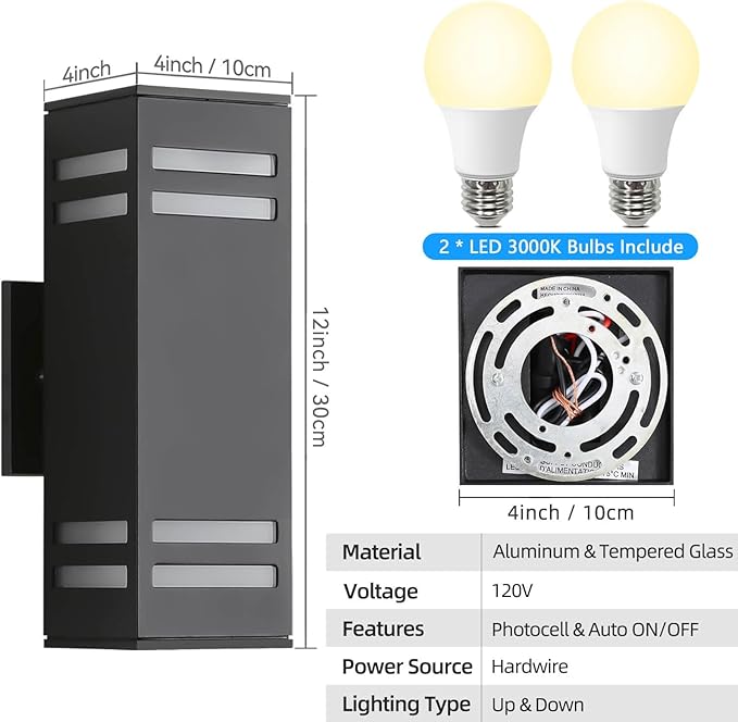 Modern Outdoor Wall Lights Dusk to Dawn, Black Exterior Lighting Fixtures Wall Mount with E26 Base, Square Outdoor Sconce Waterproof Outside Lights for House Porch Front Door, Bulbs Included