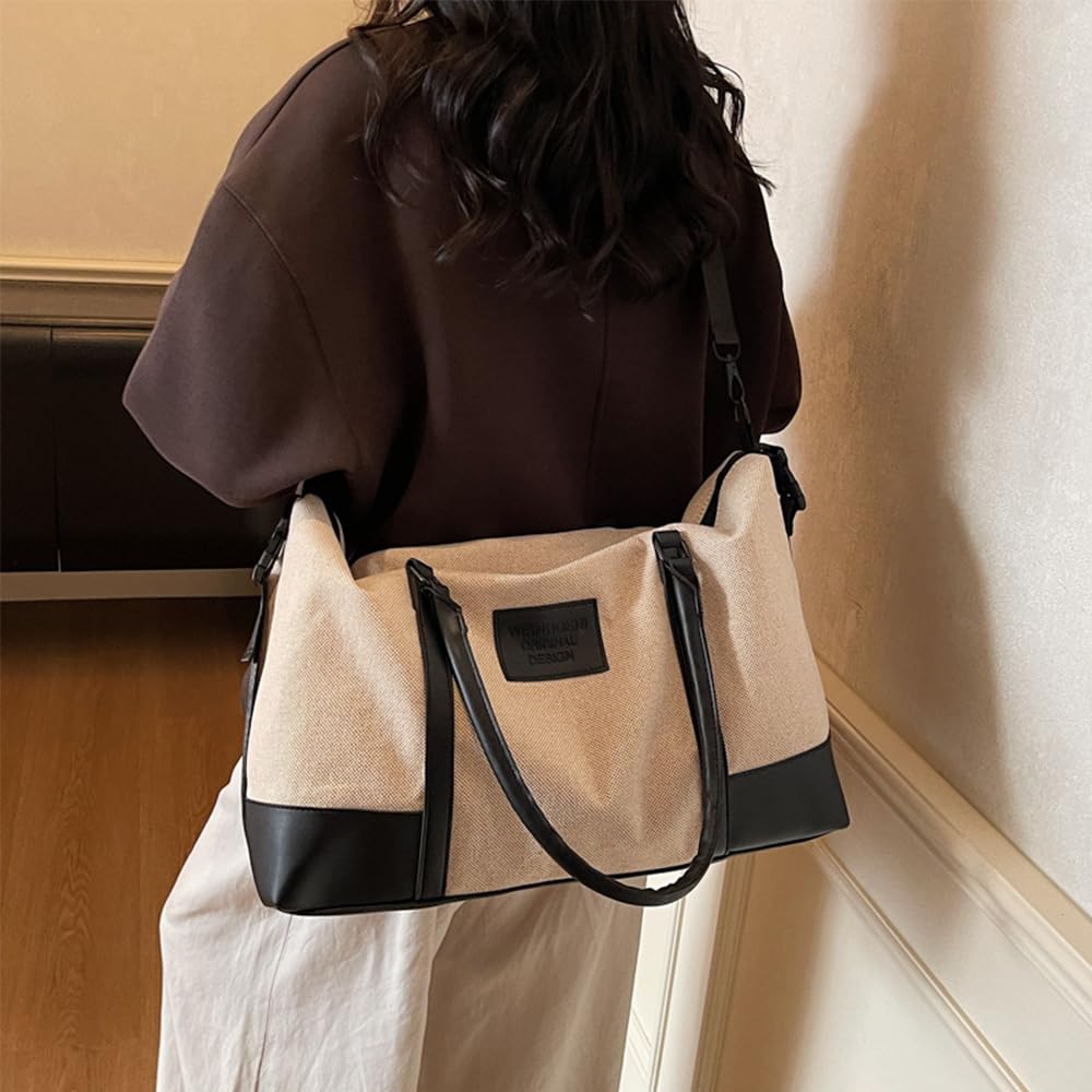 Travel Duffle Bag for Women, Canvas Carry On Weekender Overnight Bags with Wet Pocket, Gym Tote Bag for Business Trip Sports (Beige Black)