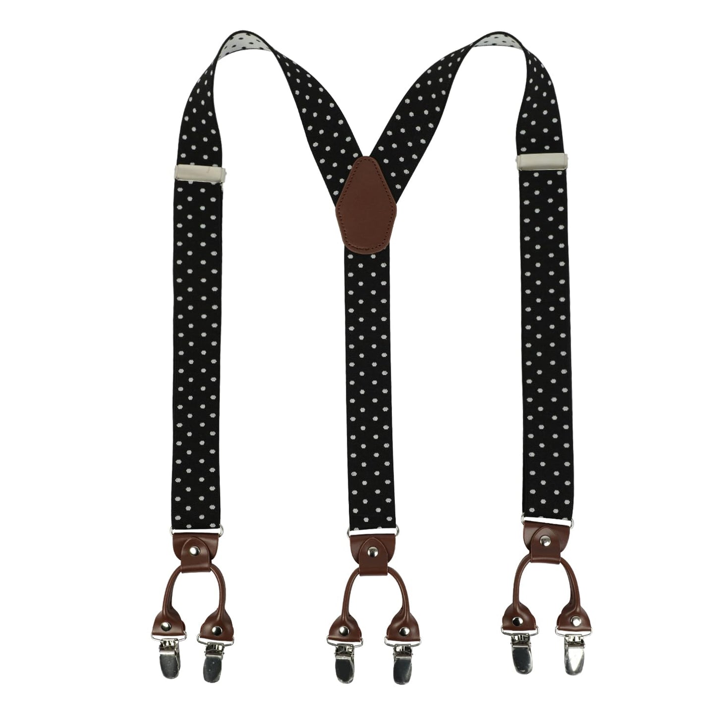 LEHOMU Suspenders for Men with leather 6 Heavy-Duty Clips, 1.4 Inches Wide Men's Suspenders Y-Back Adjustable Elastic Fit for Work or Casual Wear,Black and White Dots