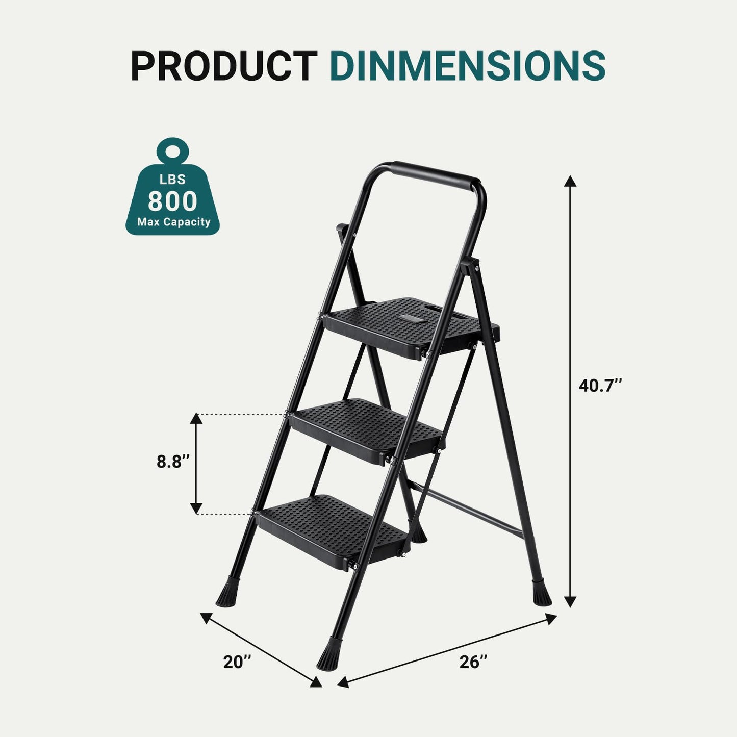 SMUG Step Ladder, 3 Step Stool Foldable with Anti-Slip Pedal & Comfortable Handrail, 800lbs Capacity Sturdy Steel Ladder, Protable Heavy Duty Step Stool for Kitchen, Garage & Outdoor Use, Black