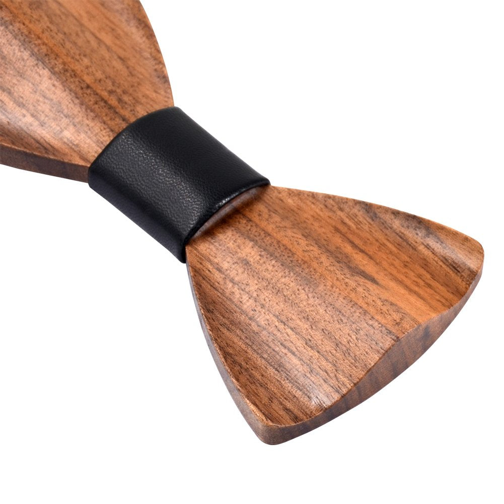 Mr.Van Handcrafted 3D Walnut Wood Bow Tie with Genuine Leather Center - Pre-tied Adjustable Collar - Natural Wood Finish (Rounded)