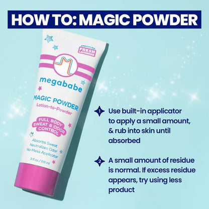 Megababe Sweat & Odor Absorbing Lotion - Magic Powder Stay-Dry Lotion to Powder | Summer and Hot Weather Essential | Aluminum-Free, Talc-Free | 3 fl oz