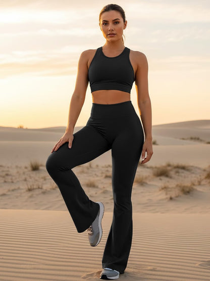 QOQ Flare Leggings with Pockets for Women Workout Scrunch Flare Leggings Tummy Control Gym Yoga Pants Wide Leg Black L