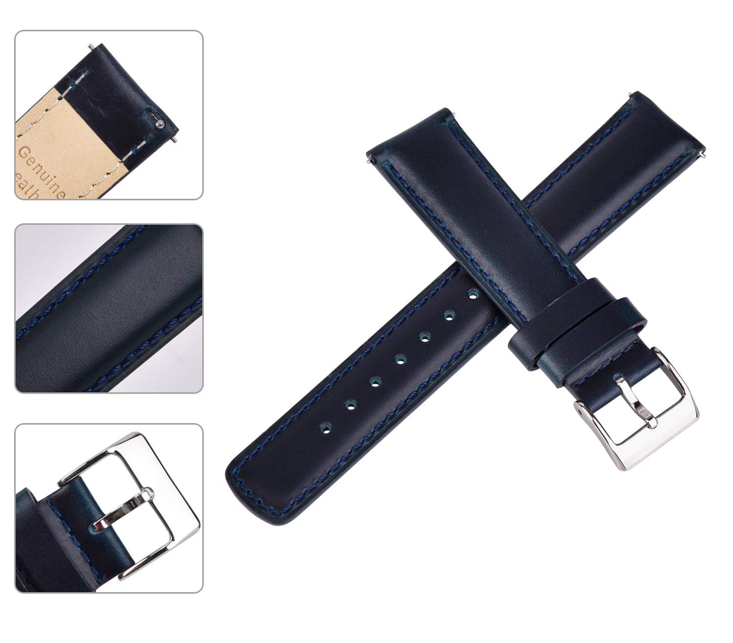 Ritche Quick Release Leather Watch Band 18mm 20mm 21mm 22mm 23mm 24mm for Samsung Galaxy Watch 6 Band Classic 43mm 47mm 40mm 44mm Leather Watch Strap, Dark Blue & Silver, 20mm, Classic