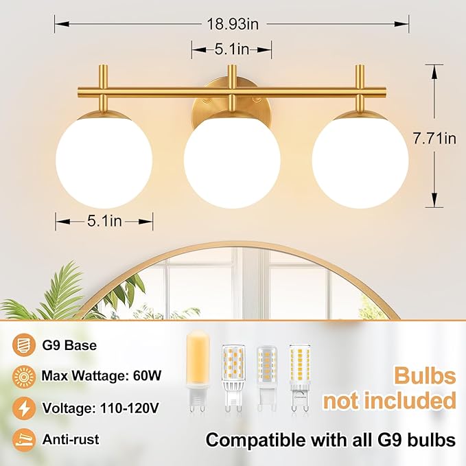 3-Light Bathroom Light Fixtures, Brushed Gold Vanity Lights for Bathroom with Milky White Glass Ball Shades, 18.9 inch Bathroom Lighting Fixtures Over Mirror, Wall Sconce for Bedroom (Exclude G9 Bulb)