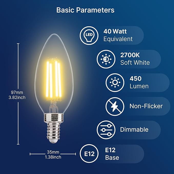 FLSNT 40W Equivalent LED Candelabra Bulbs, Dimmable LED Chandelier Bulbs, E12 Base, 450LM, 82 High CRI, 24 Pack, 2700K Soft White UL,CA65 Listed.