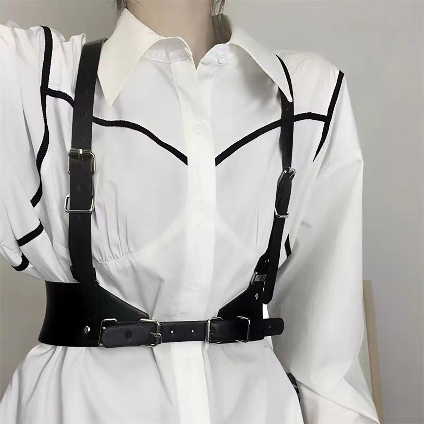 Kutocesy Women PU Leather Harness Belt with Suspenders Adjustable Punk Waist Belt for Shirts Gothic Streetwear Accessory (Black)