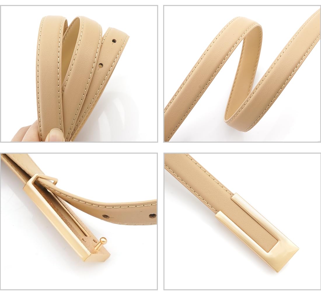 BAOKELAN Women Leather Belt Skinny Waist Belts for Dress Thin Waist Belt with Gold Buckle for Jeans Pants Apricot 120CM/47.2IN