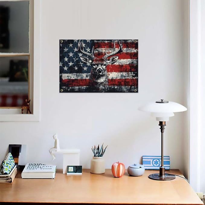 Yesad American Flag Deer Canvas Wall Art, Animal Head Rustic Wall Décor Christmas Paintings Pictures Nature Artwork Modern Poster for Farmhouse, Living Room, Bedroom, Office (Unframed,12”x8”,Deer1)