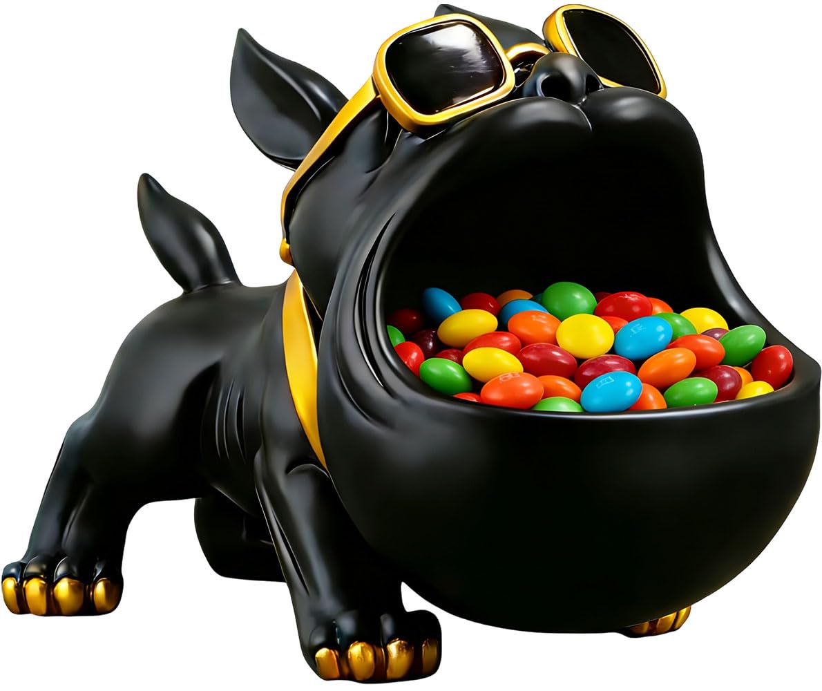 CUZOKOLA Large French Bulldog Tray Statue Cute Dog Candy Dish Modern Entryway Table Keys Candy Bowl for Office Desk Funny Animal Storage Sculpture Figurine with Big Mouth Gold Glasses for Home Decor