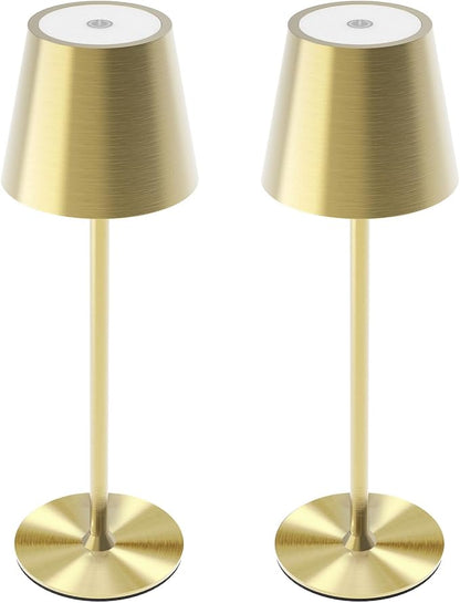 Maksone 2 Pack LED Cordless Table Lamp, 6600mWh Rechargeable Battery Desk Lamp, 3000K Stepless Dimming Night Light, IP54 Waterproof Metal Outdoor Portable Lamp for Camping, Restaurant (Gold)