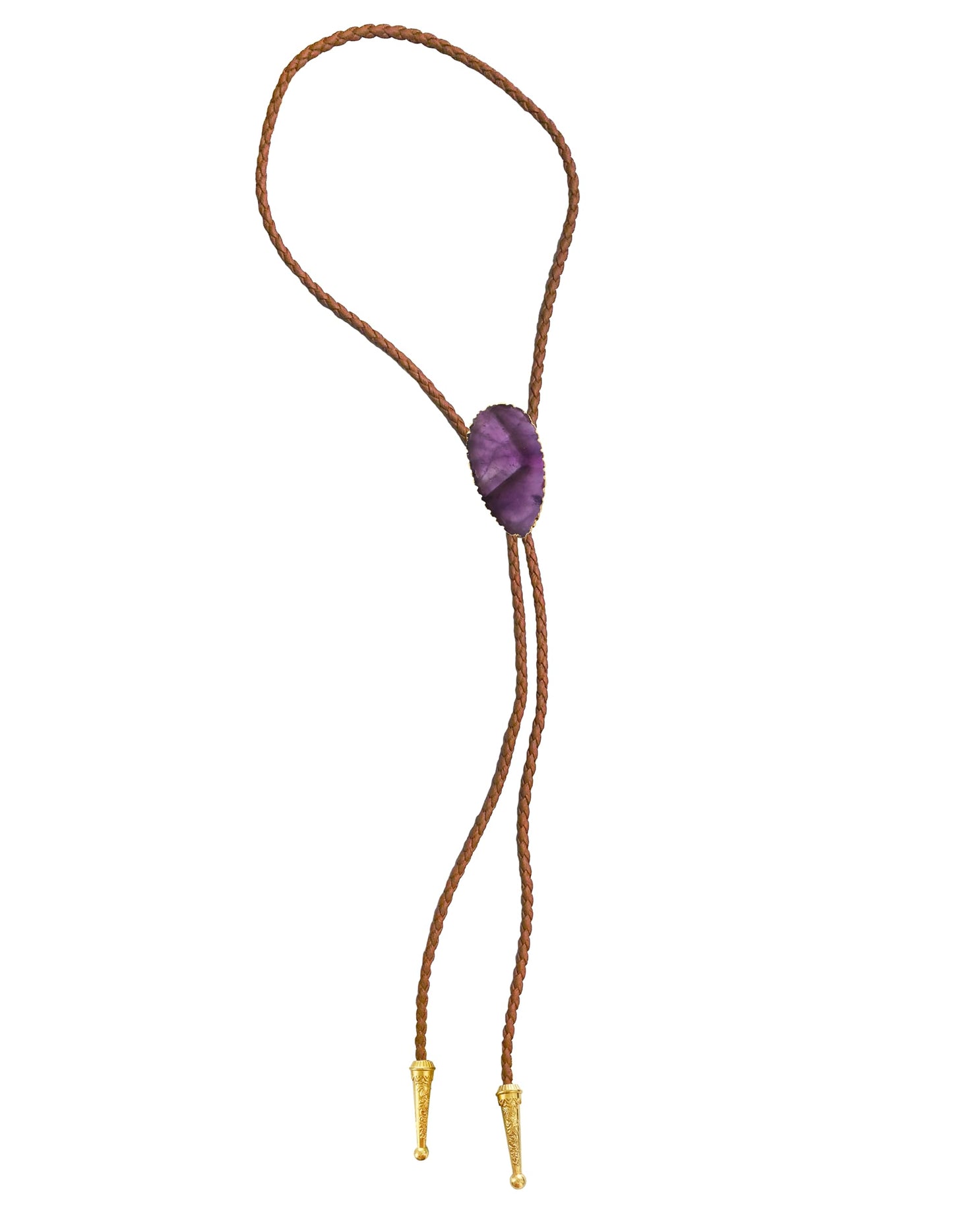 Daisy Del Sol Gemstone Bolo Tie Braided Vegan Faux Leather Natural Stone Gold Handmade Necklace Adjustable Boho Western Jewelry (Brown, Amethyst)