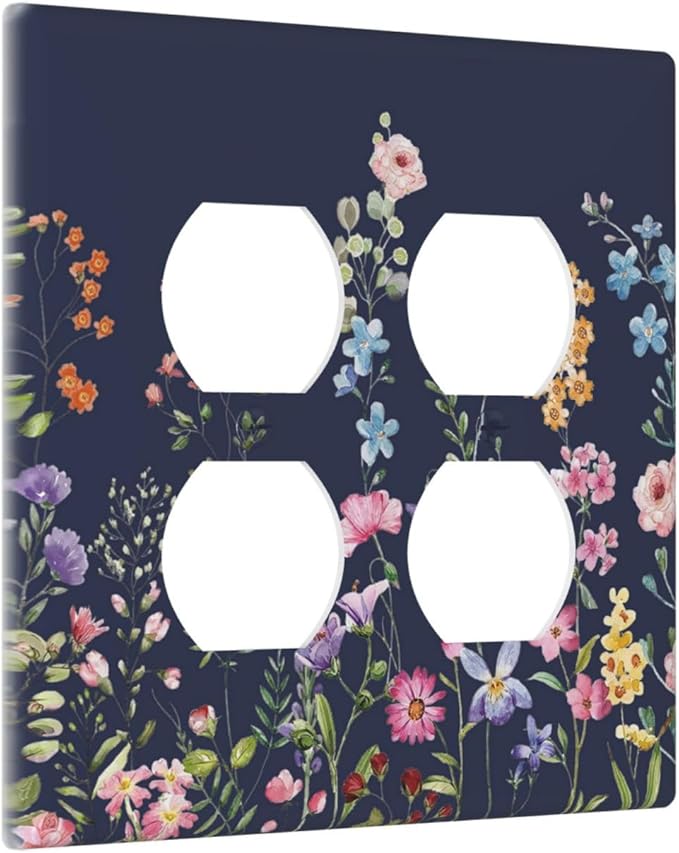 Decorative Light Switch Cover Plate Rustic Wild Floral Darkground Vintage Watercolor Flower 2 Gang Socket Covers Double Duplex Wallplates Switch Plates and Outlet Covers