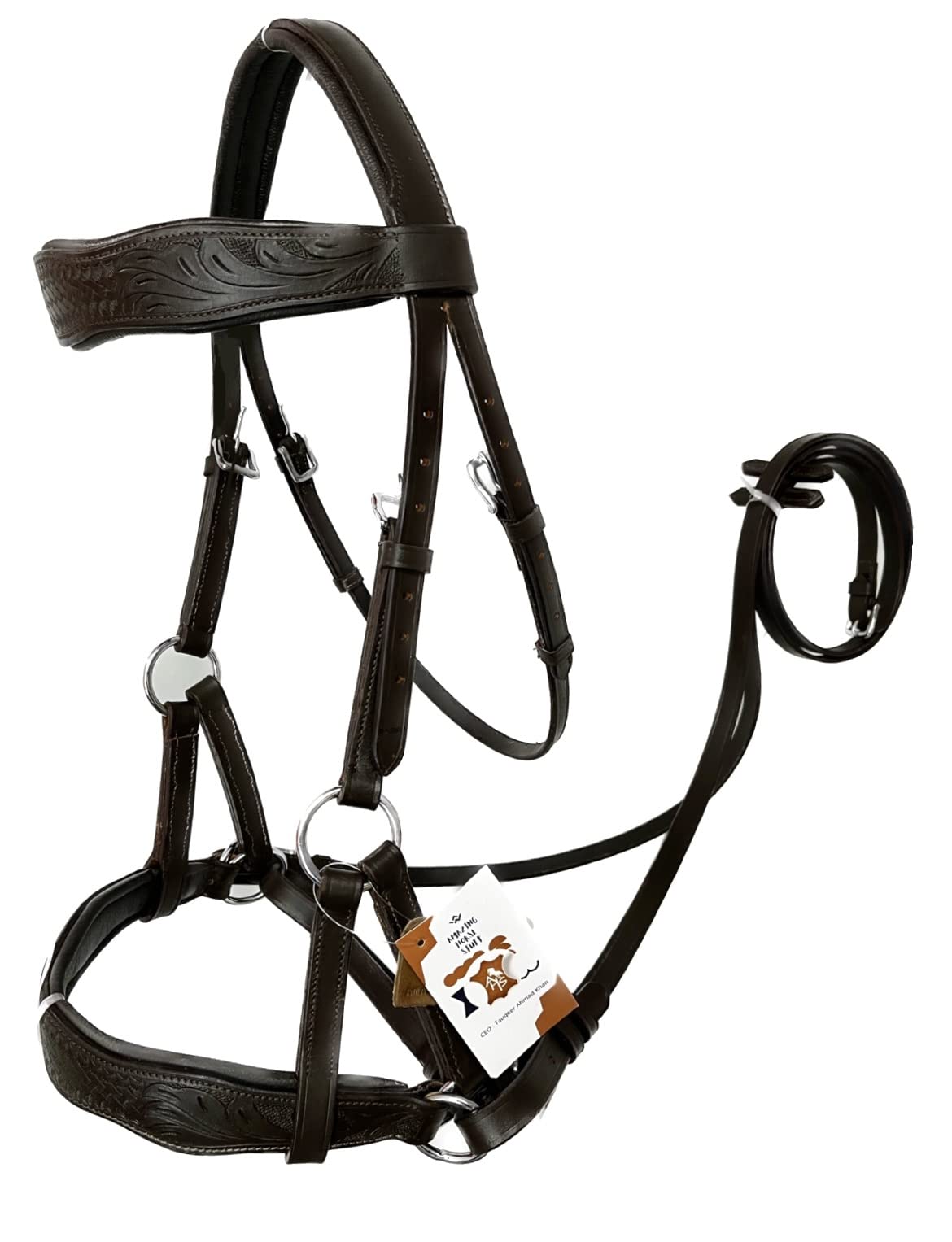 AMAZING HORSE STUFF Sidepull Bitless Bridle with Designer Hand Carving On Brow & Noseband Curved Shaped Brown (Full, Cob, Pony) (Pony)