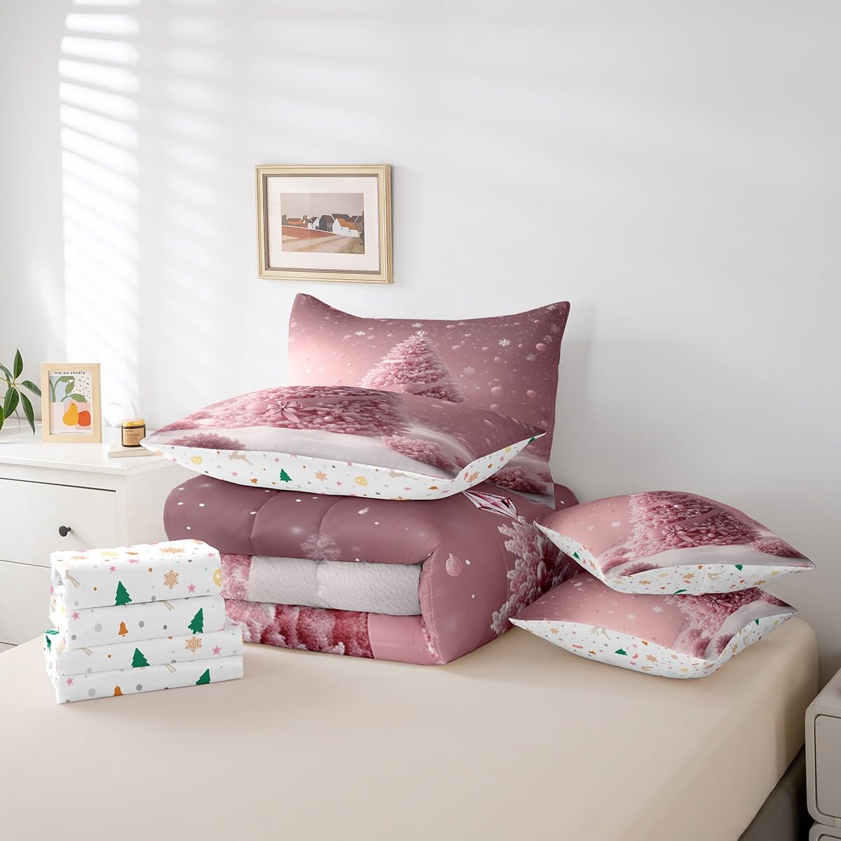 Manfei Pink Xmas Tree 7 Pieces Comforter Set Full,Kawaii Bowknot Snowflake Bedding Set for Bedroom Decor,Merry Christmas（Comforter+Fitted+Flat Sheet+2 Pillowcases+2 Throw Pillow Covers）