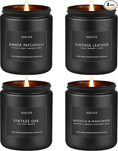 Scented Candles Set | Candle for Men, Soy Candles for Home Scented, Gifts for Men - Mens Gifts, 4 Pack Candle Gift for Dad Fathers Day (Leather/Vintage Oak/Amber Patchouli/Magnolia & Sandalwood)