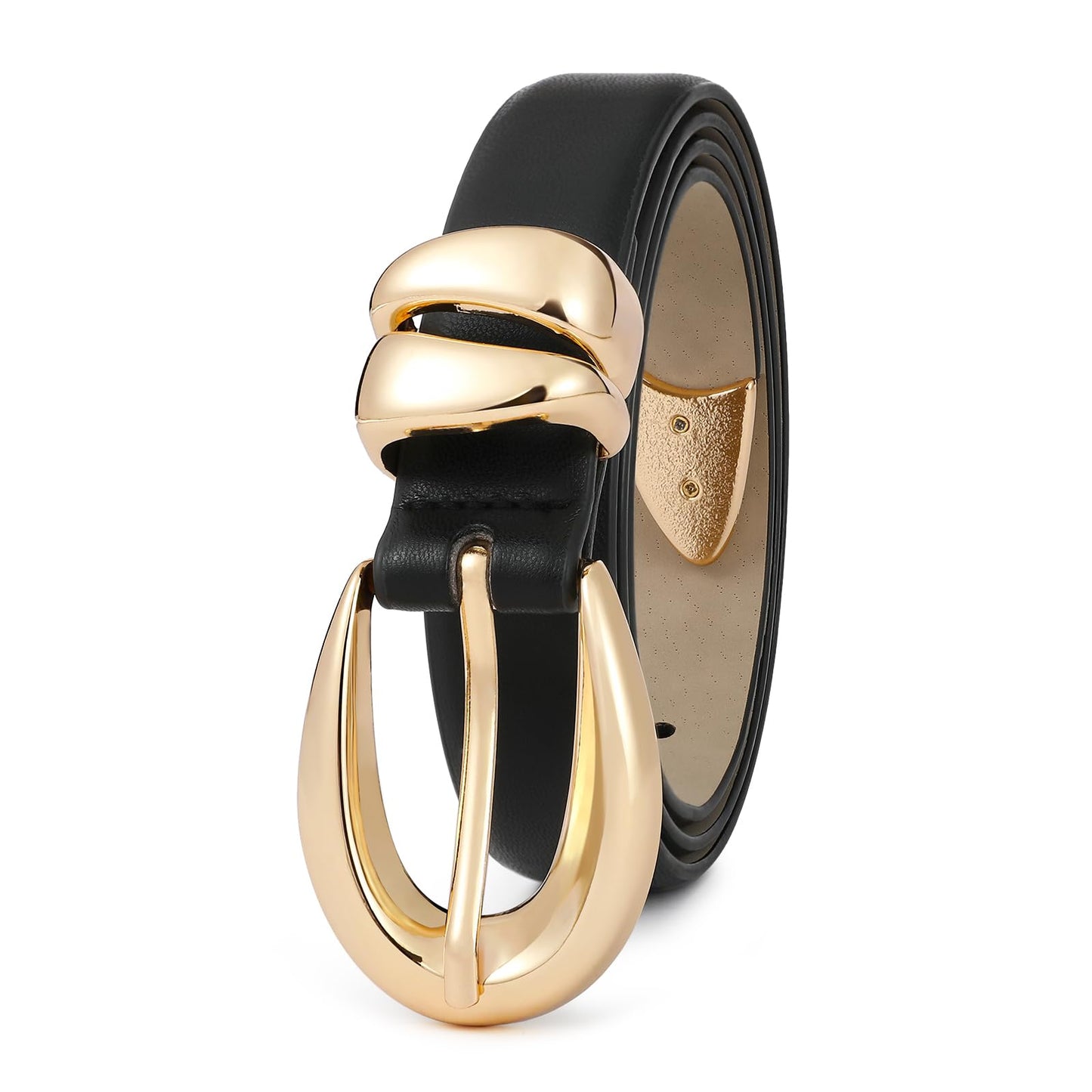 RISANTRY Black Leather Belt for Women Stylish Design with Gold Buckle Ladies Black Belt Perfect for Jeans Dresses