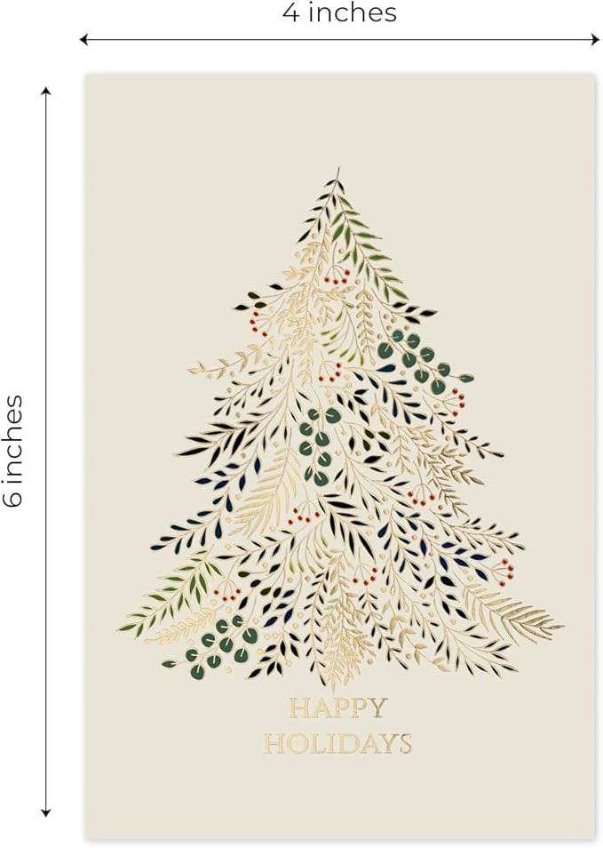 Masterpiece Gilded Greenery Christmas Card Set / 16 Boxed Winter Holiday Cards with Shiny Gold Foil and Coordinating Red Envelopes / 4" x 6" Folded Christmas Tree Greeting Cards with Inside Verse