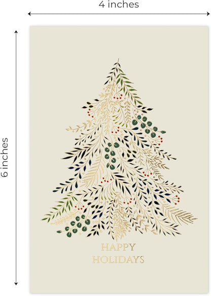 Masterpiece Gilded Greenery Christmas Card Set / 16 Boxed Winter Holiday Cards with Shiny Gold Foil and Coordinating Red Envelopes / 4" x 6" Folded Christmas Tree Greeting Cards with Inside Verse