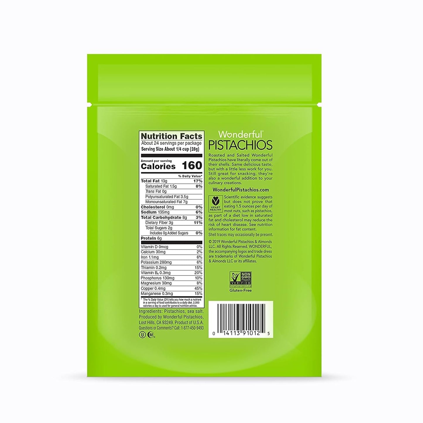 Wonderful Pistachios No Shells, Roasted & Salted Nuts, 24 Ounce Resealable Bag, Protein Snacks, Gluten Free, Healthy Snack