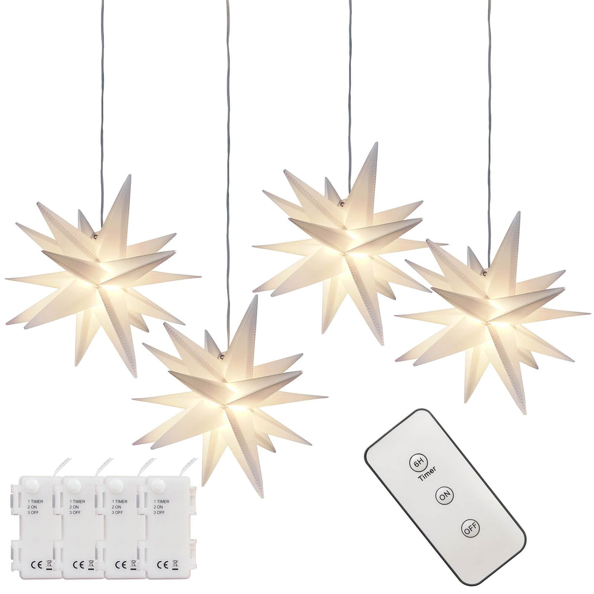 Leejec 9.4" Moravian Star Outdoor Light with Remote Control, Christmas Decorations, Indoor Hanging, Warm White LED Light, Battery Operated with Timer Function, 4-Pack, Tree, Ceiling, Balcony Décor