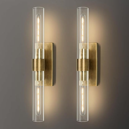 Wall Sconces Set of Two, 22.8" Gold Bathroom Sconces Wall Lighting with Clear Glass, Modern Sconces Wall Decor Brass Light Fixtures for Bathroom Mirror Living Room Hallway Bedroom