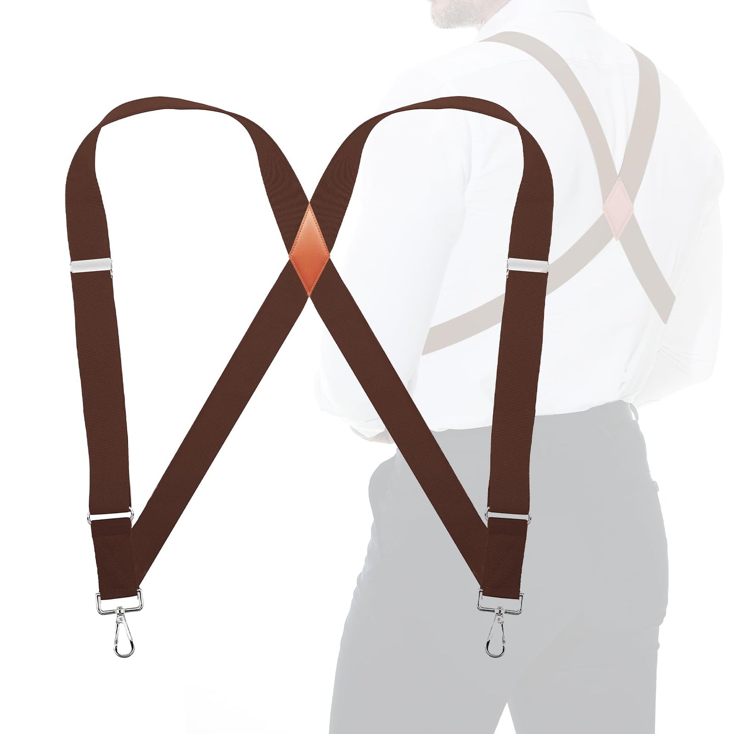JTCMOJS Side Clip Suspenders for Men Heavy Duty X Back Braces Faux Leather Brown Suspenders for Men Big and Tall