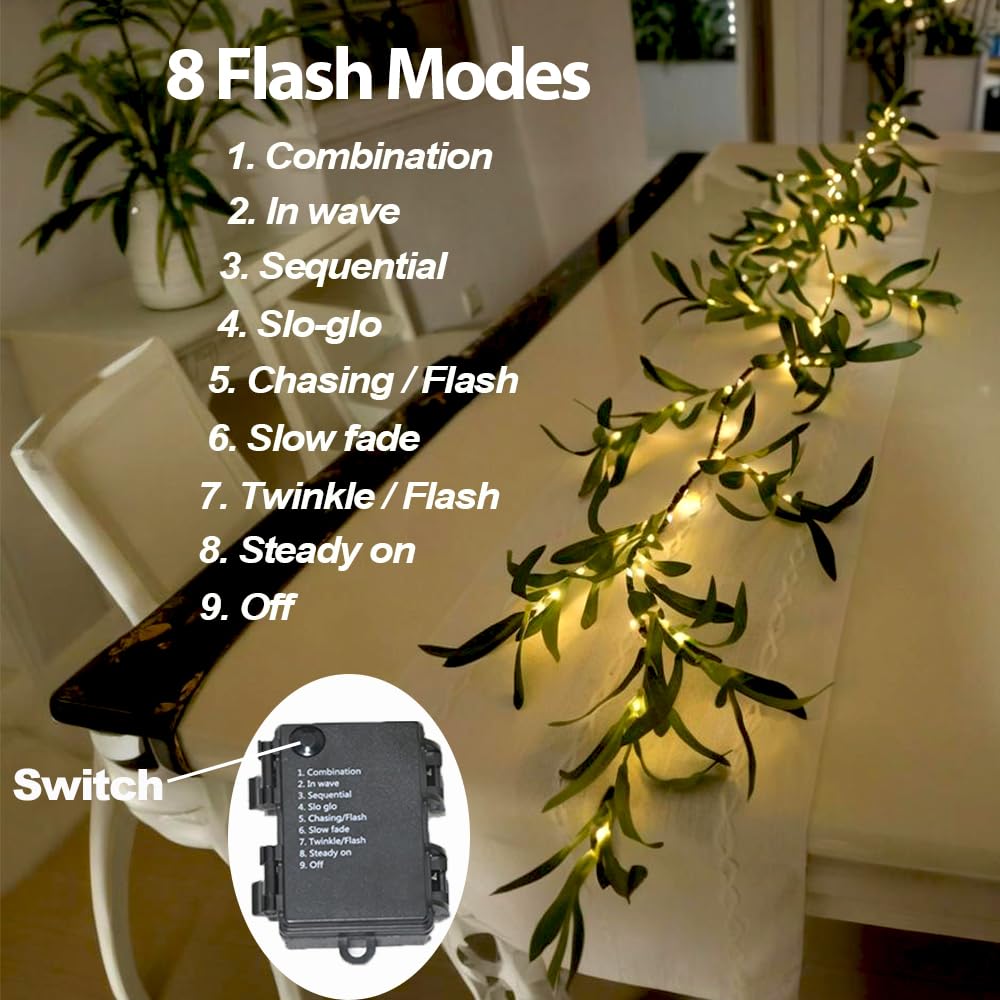 6.56FT Lighted Olive Garland with Lights 96 LED 8 Modes Battery Operated with Timer Artificial Greenery Vine Garland with Lights for Mantel Fireplace Table Wall Patio Wedding Holiday Spring Decoration