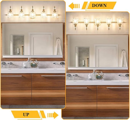 5 Lights Brass Gold Bathroom Light Fixtures, Antique Vanity Light with Flower Glass Shade, Bathroom Vanity Light Over Mirror, Farmhouse Sconces Wall Lighting for Hallway Livingroom Bedroom