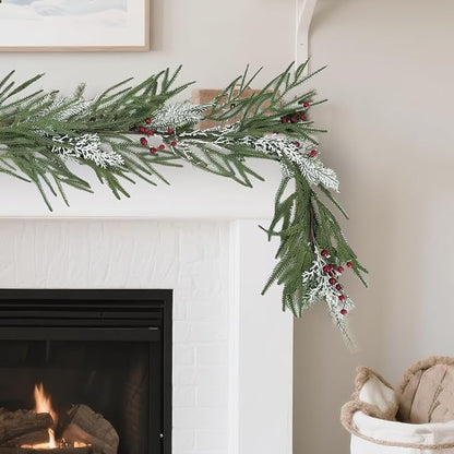 6FT Christmas Garland with Berries - Snow Dusted Pine Garland for Staircase Mantel Doorway, Christmas Decorations Holiday Indoor Outdoor Winter Garland