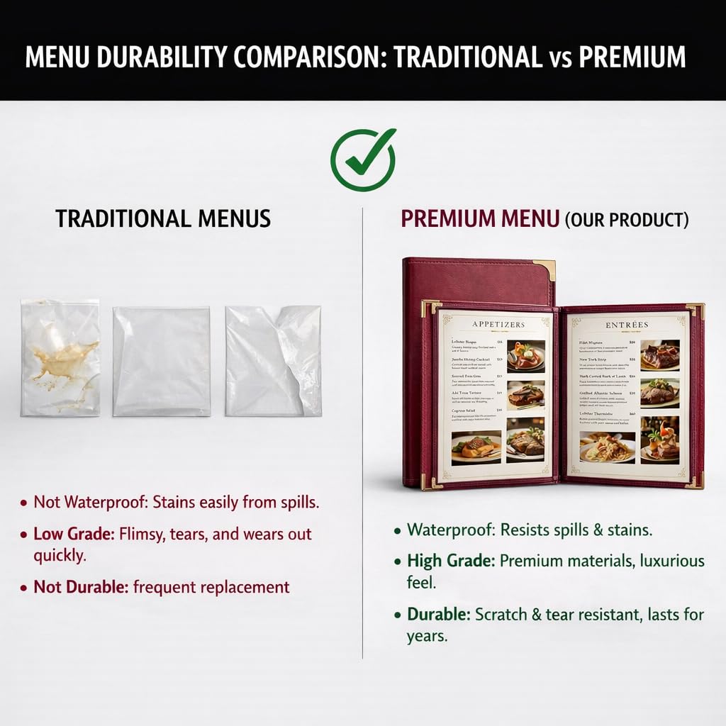 2-Pack Menu Covers 8.5x11 Inch, Burgundy Red Faux Leather Menu Holder, 2-Page 4-View Menu Book for Restaurant Bar Steakhouse, Wine List & Drink Menu