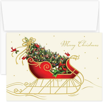 Canopy Street Masterpiece Holiday Sleigh Christmas Cards / 15 Traditional Holiday Cards With Coordinating White Envelopes Set / 5 5/8" x 7 7/8" Winter Greeting Cards With Inside Verse/Made In The USA