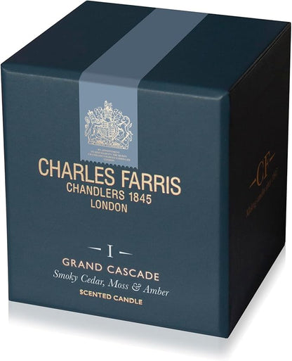 Charles Farris Luxury Scented Candle – 1 Wick, Hand-Poured, Long Lasting, Clean Burning, 210g / 7.5oz, Burns for up to 50 Hours, Made in England – Smokey Cedar, Moss & Amber – Grand Cascade