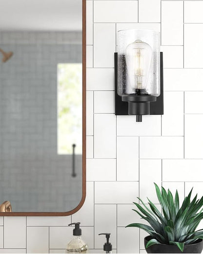 3 Pack Bath Vanity Light Fixtures Wall Sconce, Modern Indoor Bathroom Wall Lights with Seeded Glass, Black Wall Light Fixtures for Bedroom Mirror Kitchen Living Room Entryway Patio