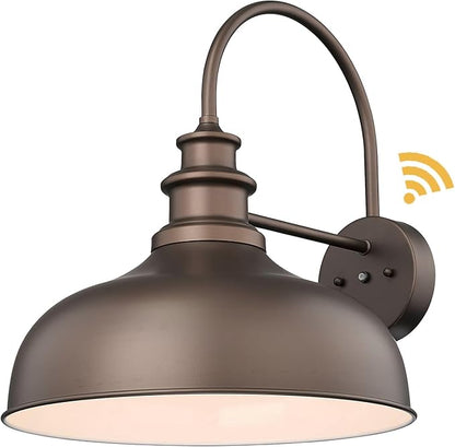 Bestshared 16 Inch Dome Large Dusk to Dawn Sensor Gooseneck Barn Light Anti-Rust Farmhouse Outdoor Wall Sconce Industrial Exterior Wall Lighting Fixture, Outside Lantern G (ORB+White, 16” Dome-1Pack)