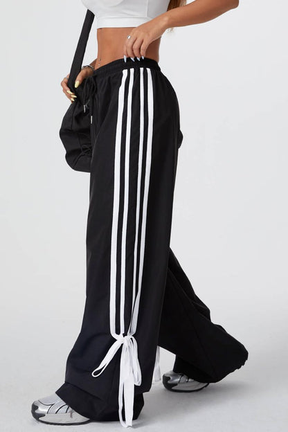 BEAUDRM Women's Y2K Baggy Bow Wide Leg Pants Striped Track Elastic Waist Long Sweatpants Parachute Pants Black and White Large