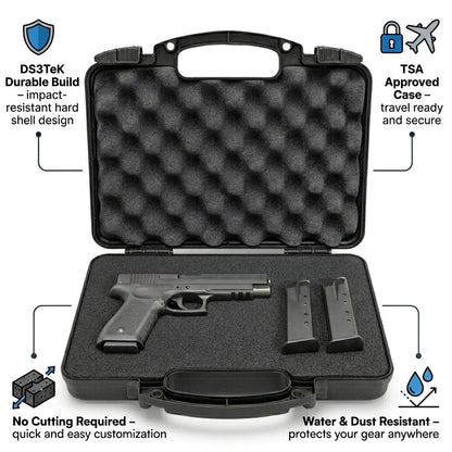 TSA Approved Hard Gun Case – Airline Approved Lockable Pistol Carrying Case with Dual Latch & Customizable Foam – Fits 9mm Handgun, Revolver & Firearm for Travel & Range Use (3-in-1 Bundle)