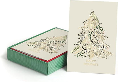 Masterpiece Gilded Greenery Christmas Card Set / 16 Boxed Winter Holiday Cards with Shiny Gold Foil and Coordinating Red Envelopes / 4" x 6" Folded Christmas Tree Greeting Cards with Inside Verse