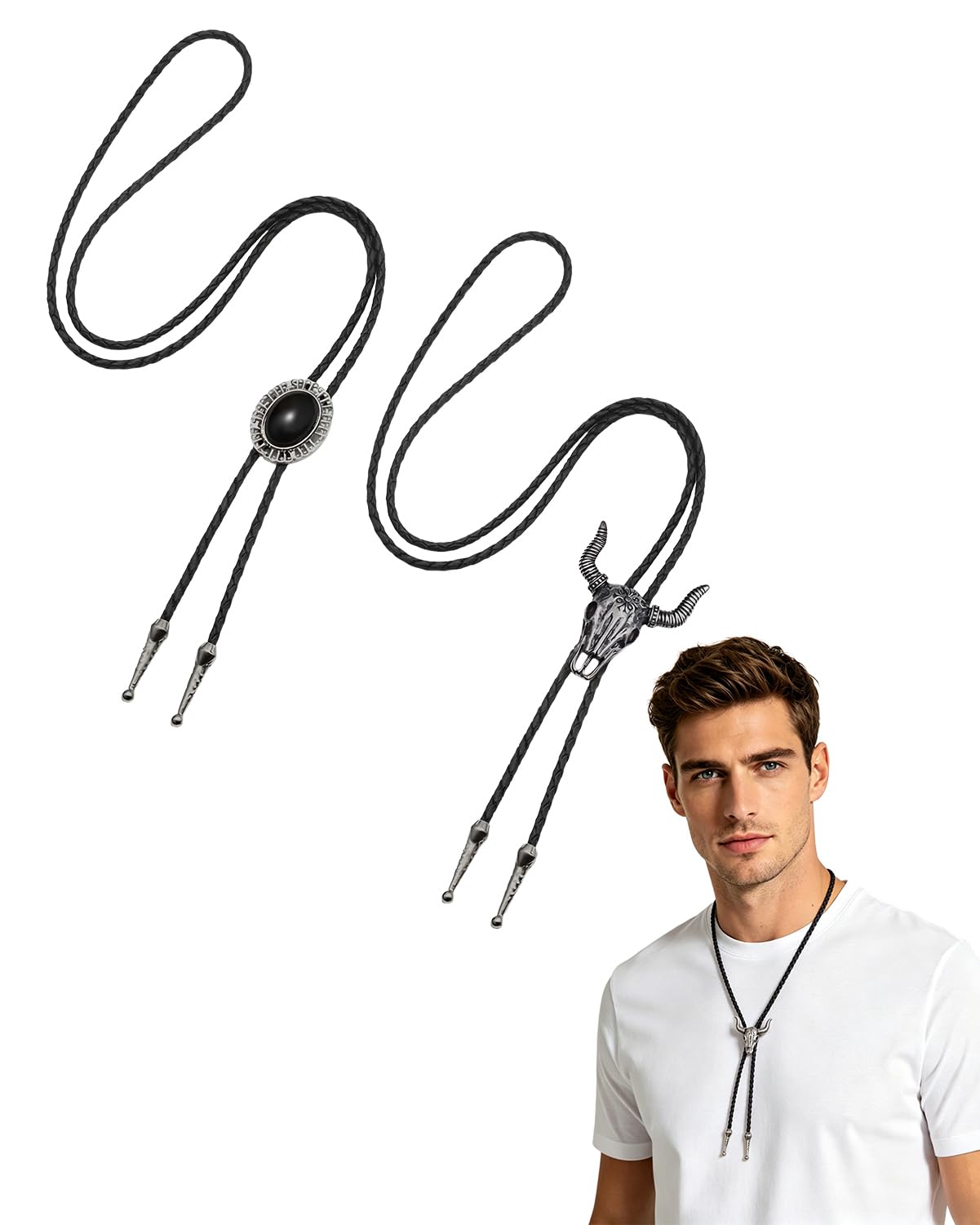 KRLBZER 2 Pcs Bolo Tie for Men, Black and Silver Western Necktie, Adjustable Leather Rope Necklace with Metal Pendant, Cowboy Costume Accessories for Women Men