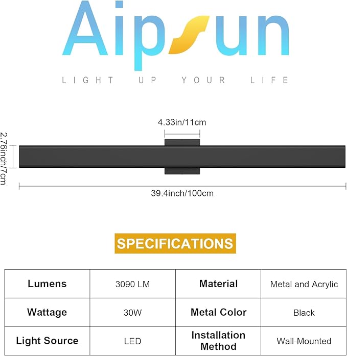 Aipsun 2 Packs Black Outdoor Wall Light 39.4inch Modern LED Exterior Wall Sconce, Long LED Linear Exterior Lights 3000K 4000K 6000K for House Living Room Corridor(3CCT)