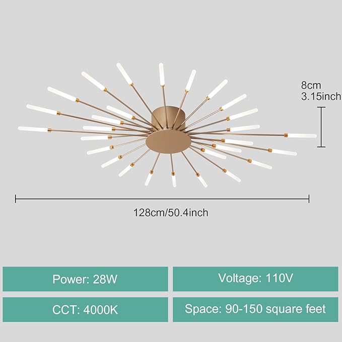ziidoo Modern Ceiling Light, 28 Lights Metal Firework Designed Chic Led Lighting Fixture for Farmhouse Kitchen Dining Room Bedroom Hallway Living Room (Gold and Dark Gold)
