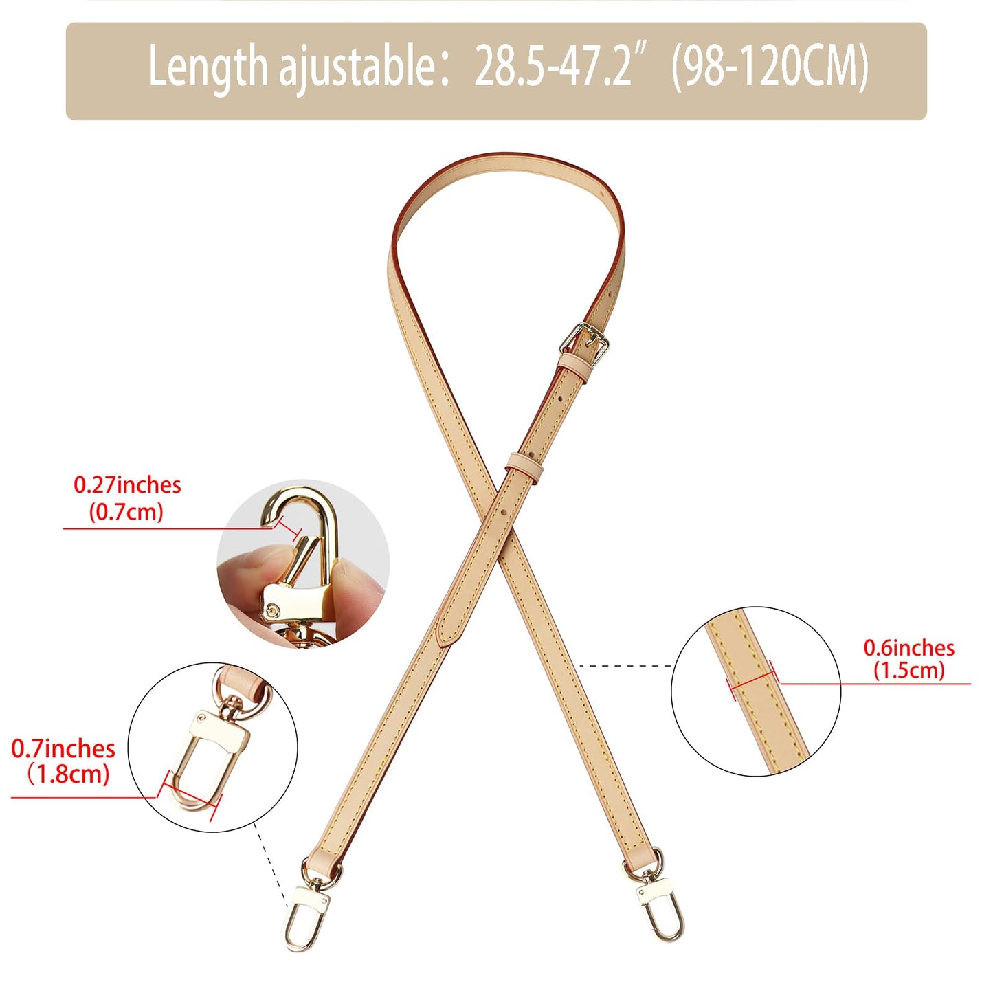 COLSEEY Genuine Vachetta Leather Crossbody strap Genuine leather Adjustable Replacement Strap for Shoulder Bag Handbag Purse(0.59 Inch Width Adjustalbe)